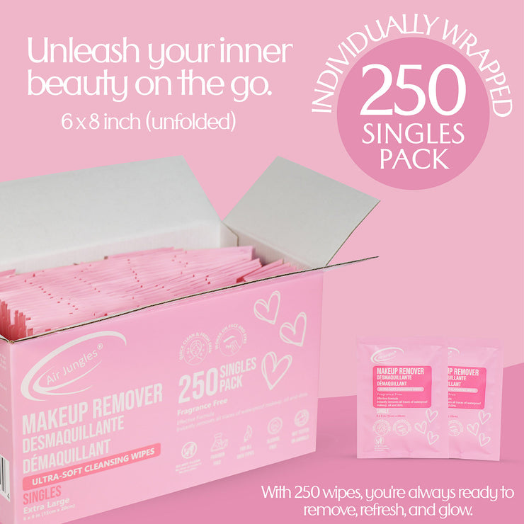 Air Jungles Makeup Remover Wipes 250 Count, Individually Wrapped