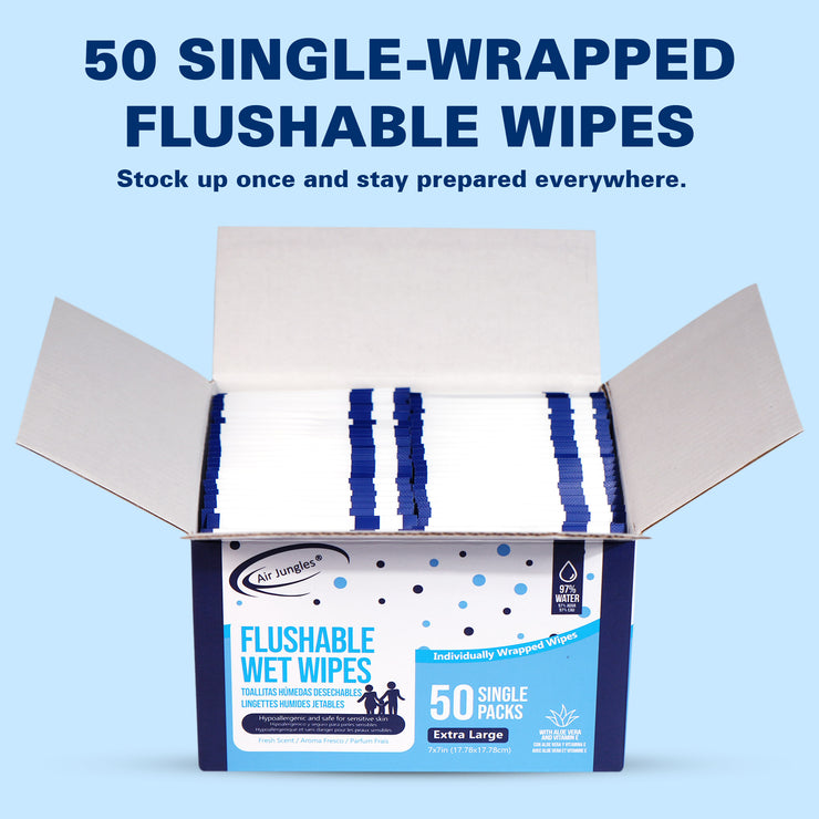 Air Jungles Flushable Wipes Travel Size 50 Ct, Individually Wrapped