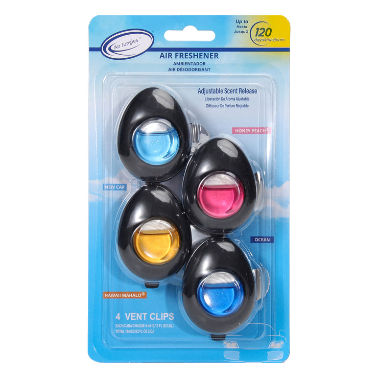 Car Air Freshener Vent Clip 4 Scent Variety Pack, New Car, Honey Peach, Ocean, Hawaii Mahalo